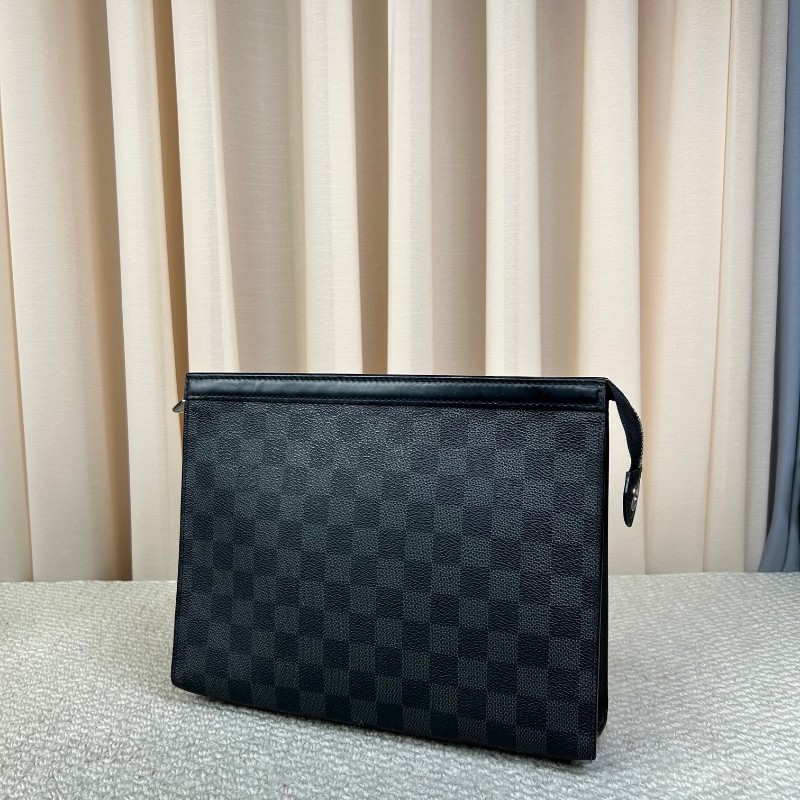 LV路易威登黑色棋盤格手拿包洗漱包 經典棋盤格配黑色皮革 銀色五金 低調奢華 內裡乾淨整潔 容量實用-3