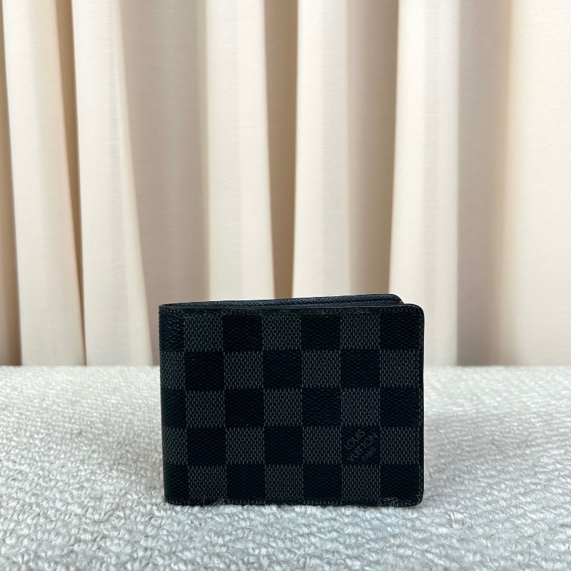LV路易威登黑色棋盤格短款對折錢包 卡位多 容量實用 日常用很方便-0