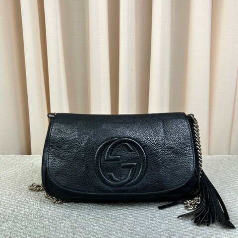 古馳Gucci黑色荔枝紋soho流蘇鏈條包 經典黑色牛皮 鏈條肩帶 可單肩可斜挎 容量實用 日常通勤百搭