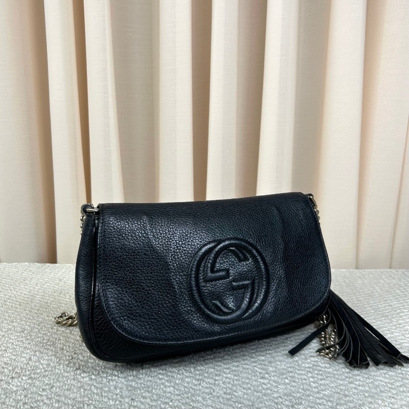 古馳Gucci黑色荔枝紋soho流蘇鏈條包 經典黑色牛皮 鏈條肩帶 可單肩可斜挎 容量實用 日常通勤百搭-2