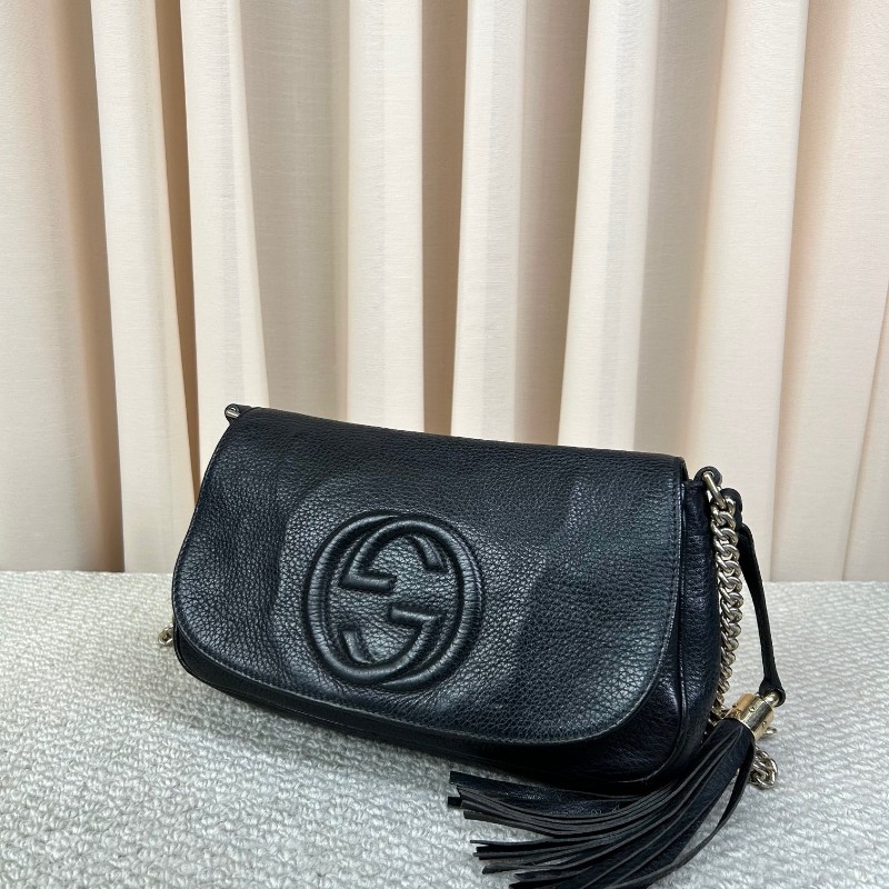 古馳Gucci黑色荔枝紋soho流蘇鏈條包 經典黑色牛皮 鏈條肩帶 可單肩可斜挎 容量實用 日常通勤百搭-3