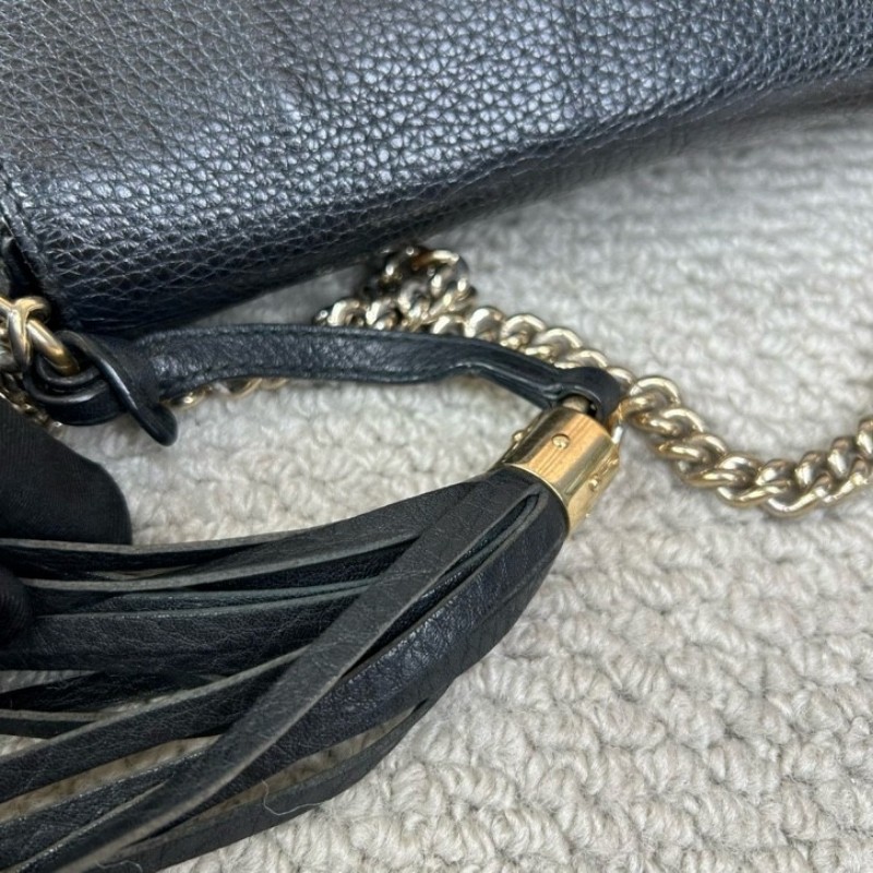 古馳Gucci黑色荔枝紋soho流蘇鏈條包 經典黑色牛皮 鏈條肩帶 可單肩可斜挎 容量實用 日常通勤百搭-11