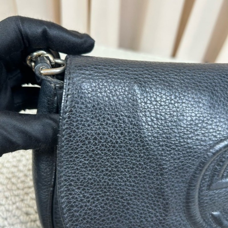 古馳Gucci黑色荔枝紋soho流蘇鏈條包 經典黑色牛皮 鏈條肩帶 可單肩可斜挎 容量實用 日常通勤百搭-12