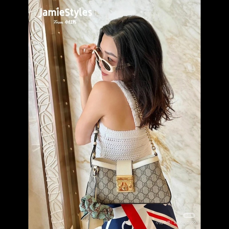 古馳/Gucci  Padlock系列肩背包 白色皮革滾邊搭配金色五金配件 時尚百搭-5