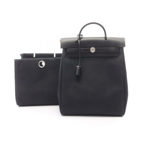 愛馬仕 Herbag Ad PM 雙肩包/手提包，帆布/皮革，Toile Officier 帆布，Vache Hunter 獵裝款，女士，黑色，030865CB