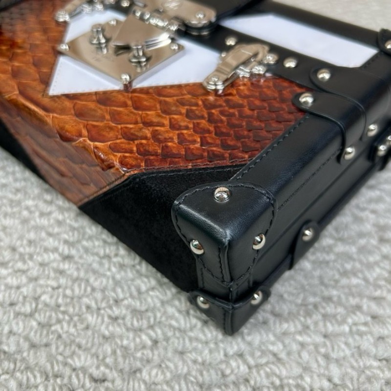 LV路易威登蟒蛇拼皮硬盒子包 黑色邊框 銀色五金 包型板正 有肩帶 可單肩可斜挎 容量實用-7