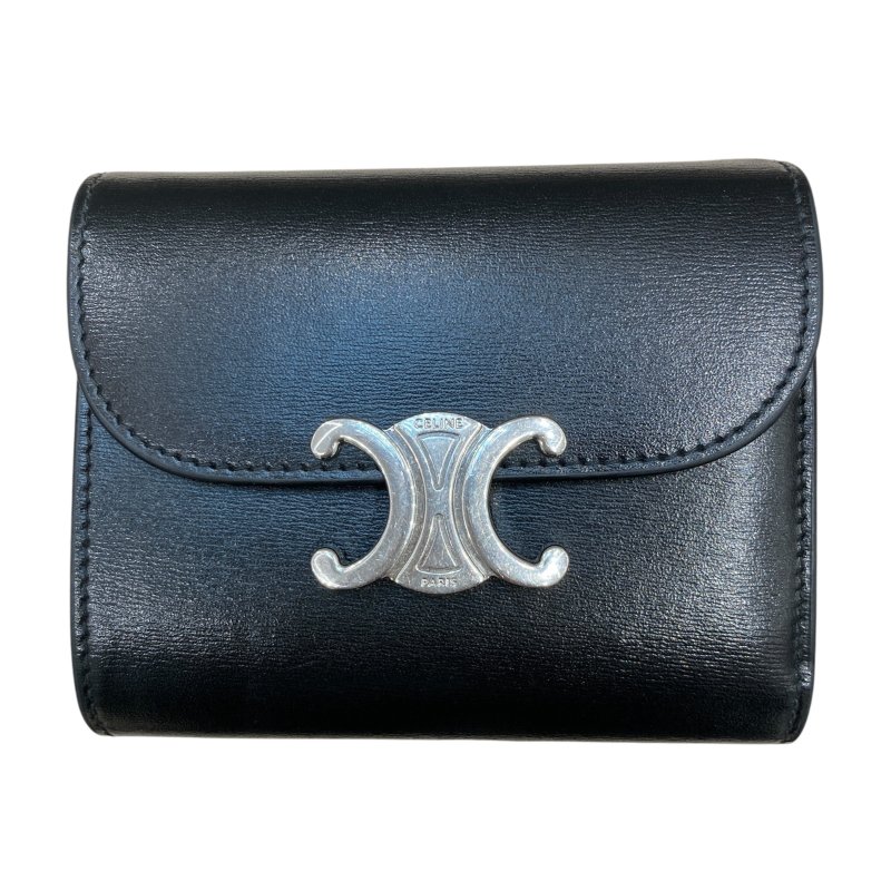CELINE 賽琳 TRIOMPHE 皮革 三折短夾 黑色銀釦-0