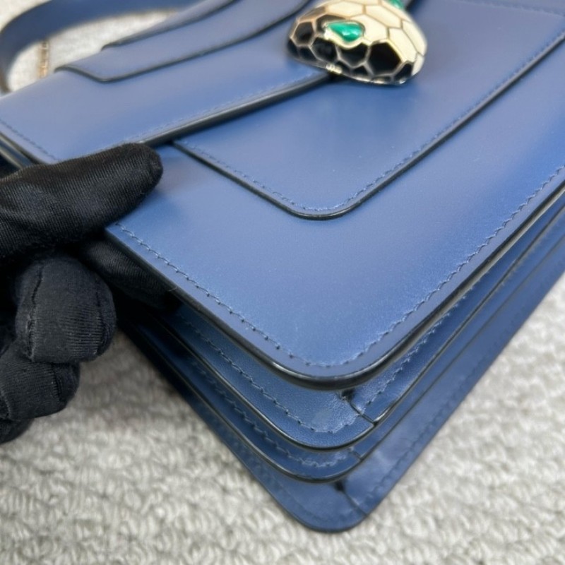 寶格麗Bvlgari藍色蛇頭風琴包 經典蛇頭 銀色五金 包型立體飽滿 可單肩可斜挎可手提 容量實用 日常通勤百搭氣質款-7