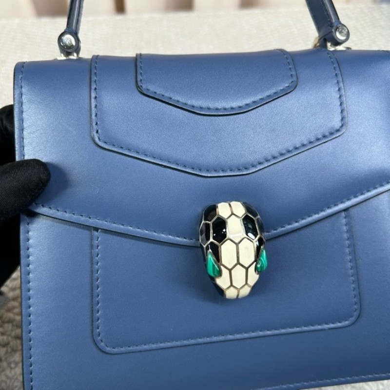 寶格麗Bvlgari藍色蛇頭風琴包 經典蛇頭 銀色五金 包型立體飽滿 可單肩可斜挎可手提 容量實用 日常通勤百搭氣質款-18