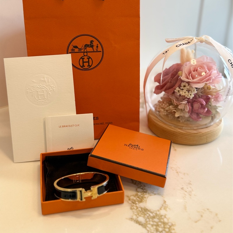 (全配)愛馬仕Hermès Clic H單色珐瑯手環-黑金配色-0