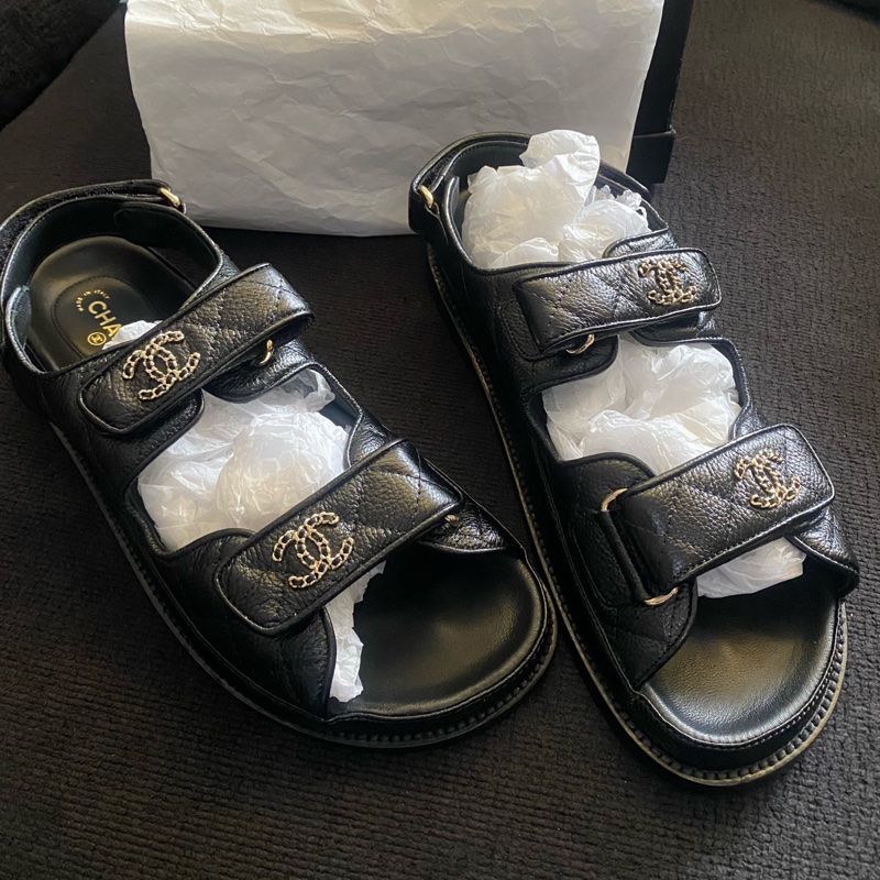閒置新 未使用 Chanel香奈兒 魔術貼涼鞋黑色 38.5碼 有盒有塵袋-0