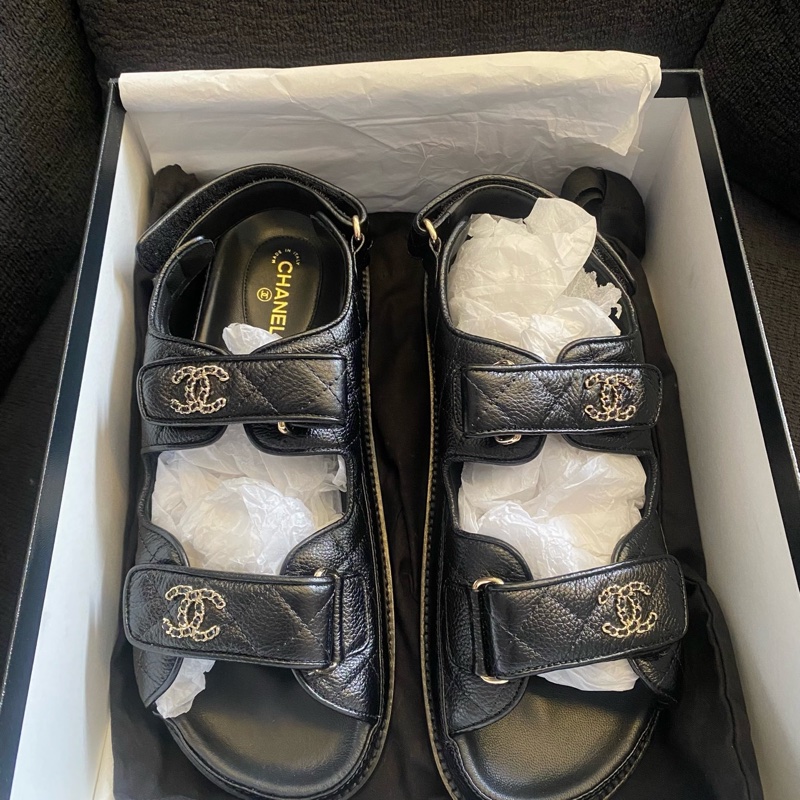 閒置新 未使用 Chanel香奈兒 魔術貼涼鞋黑色 38.5碼 有盒有塵袋-1