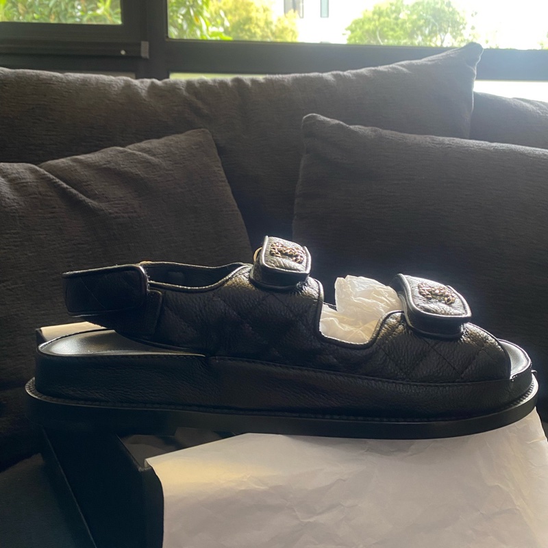 閒置新 未使用 Chanel香奈兒 魔術貼涼鞋黑色 38.5碼 有盒有塵袋-2