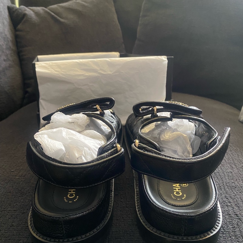 閒置新 未使用 Chanel香奈兒 魔術貼涼鞋黑色 38.5碼 有盒有塵袋-3