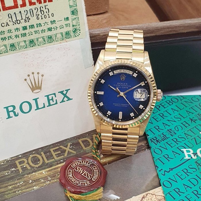 【大眾名錶】ROLEX 勞力士 18238 Day-Date 18K金 台AD 原面未翻寫 漸層藍十鑽面 經典紅蟳款 錶徑36mm G199-1