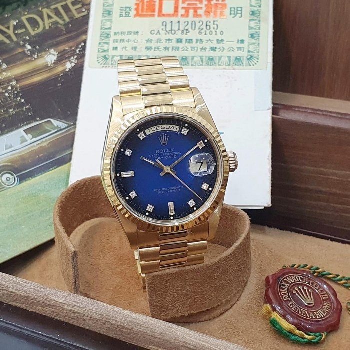 【大眾名錶】ROLEX 勞力士 18238 Day-Date 18K金 台AD 原面未翻寫 漸層藍十鑽面 經典紅蟳款 錶徑36mm G199-3