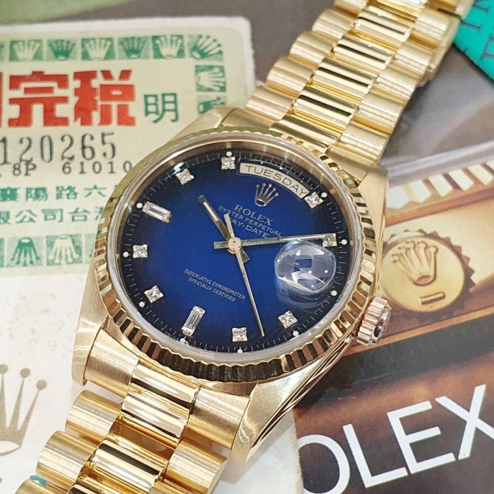【大眾名錶】ROLEX 勞力士 18238 Day-Date 18K金 台AD 原面未翻寫 漸層藍十鑽面 經典紅蟳款 錶徑36mm G199-8