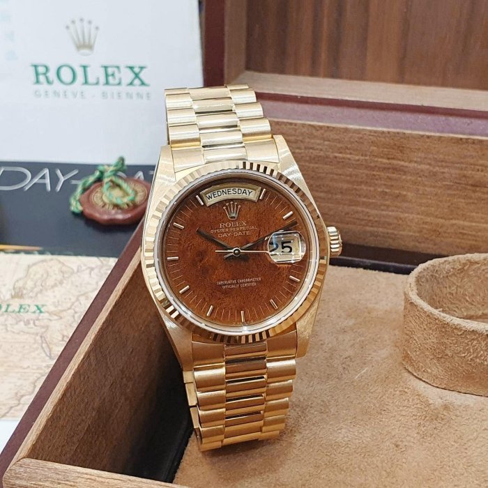 【大眾名錶】ROLEX 勞力士 18038 Day-Date 蠔式日誌 18K金 市場罕見 木紋面 錶帶原況未整理 RSC收據 B1195-1