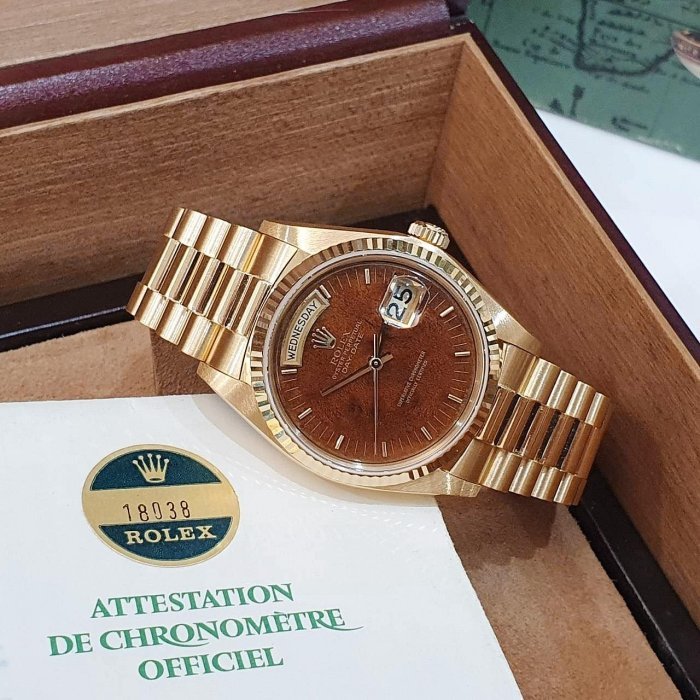 【大眾名錶】ROLEX 勞力士 18038 Day-Date 蠔式日誌 18K金 市場罕見 木紋面 錶帶原況未整理 RSC收據 B1195-2