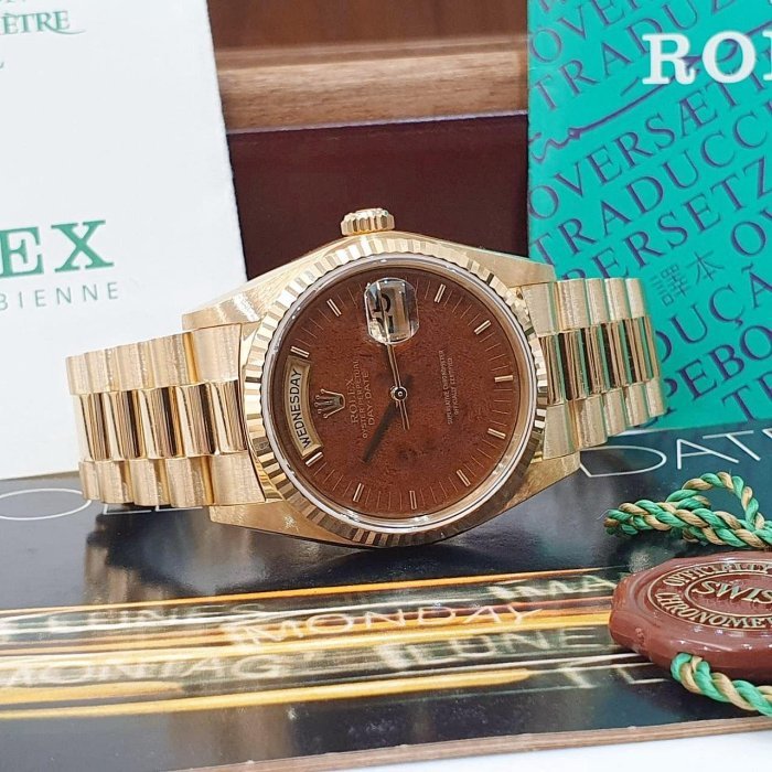 【大眾名錶】ROLEX 勞力士 18038 Day-Date 蠔式日誌 18K金 市場罕見 木紋面 錶帶原況未整理 RSC收據 B1195-4