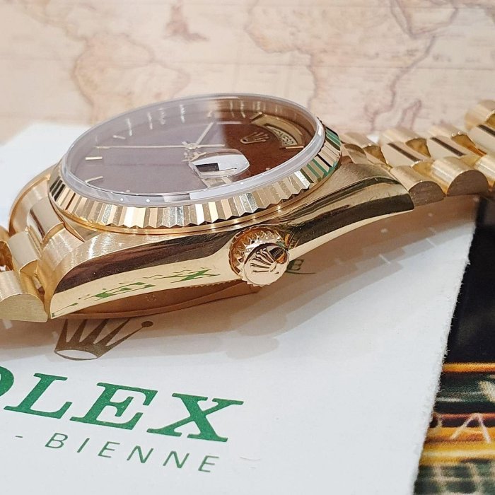 【大眾名錶】ROLEX 勞力士 18038 Day-Date 蠔式日誌 18K金 市場罕見 木紋面 錶帶原況未整理 RSC收據 B1195-7