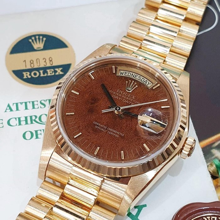 【大眾名錶】ROLEX 勞力士 18038 Day-Date 蠔式日誌 18K金 市場罕見 木紋面 錶帶原況未整理 RSC收據 B1195-8