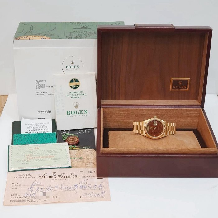 【大眾名錶】ROLEX 勞力士 18038 Day-Date 蠔式日誌 18K金 市場罕見 木紋面 錶帶原況未整理 RSC收據 B1195-9