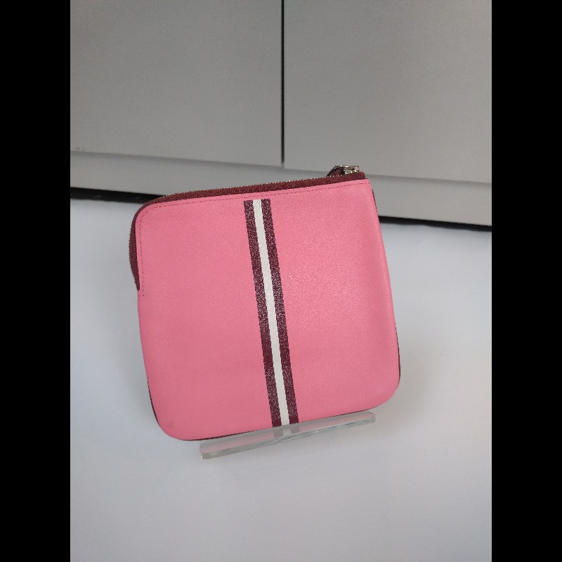 Hermes 駝黃底白馬/粉底白線皮革拉鍊小方零錢包-4