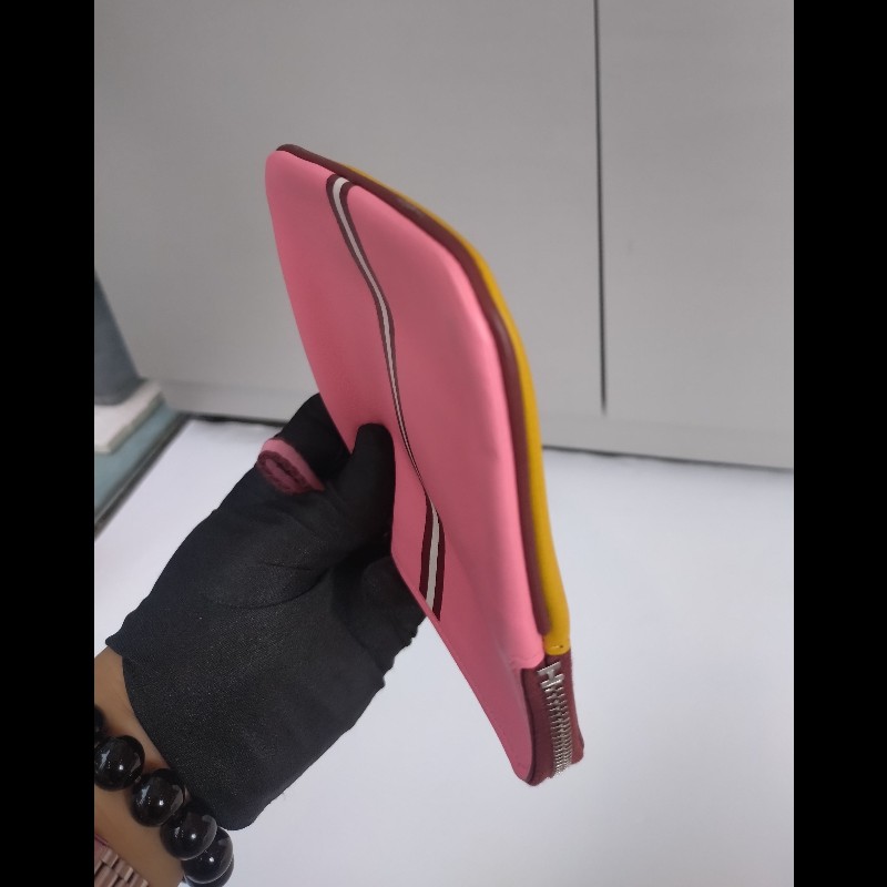 Hermes 駝黃底白馬/粉底白線皮革拉鍊小方零錢包-7