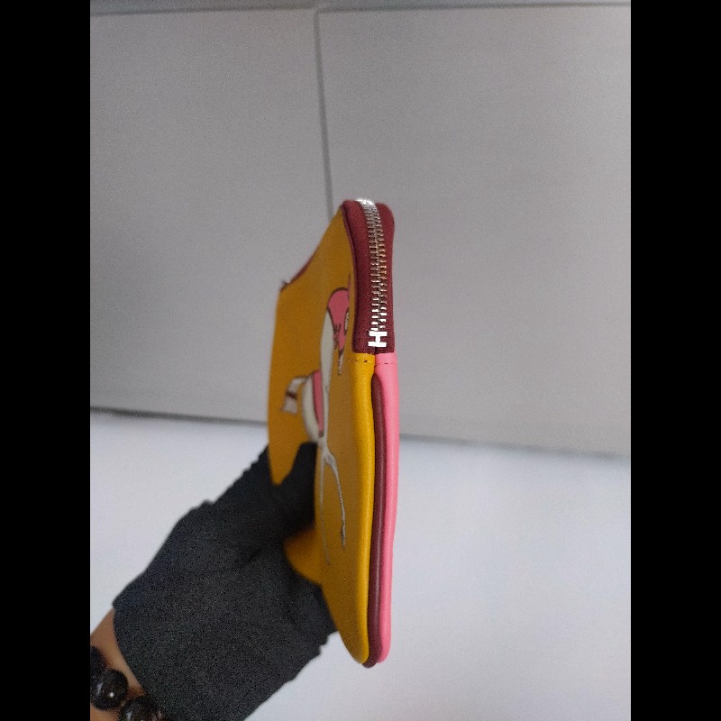 Hermes 駝黃底白馬/粉底白線皮革拉鍊小方零錢包-9
