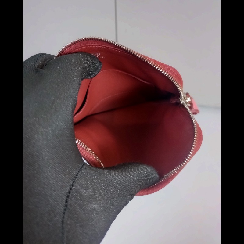 Hermes 駝黃底白馬/粉底白線皮革拉鍊小方零錢包-12