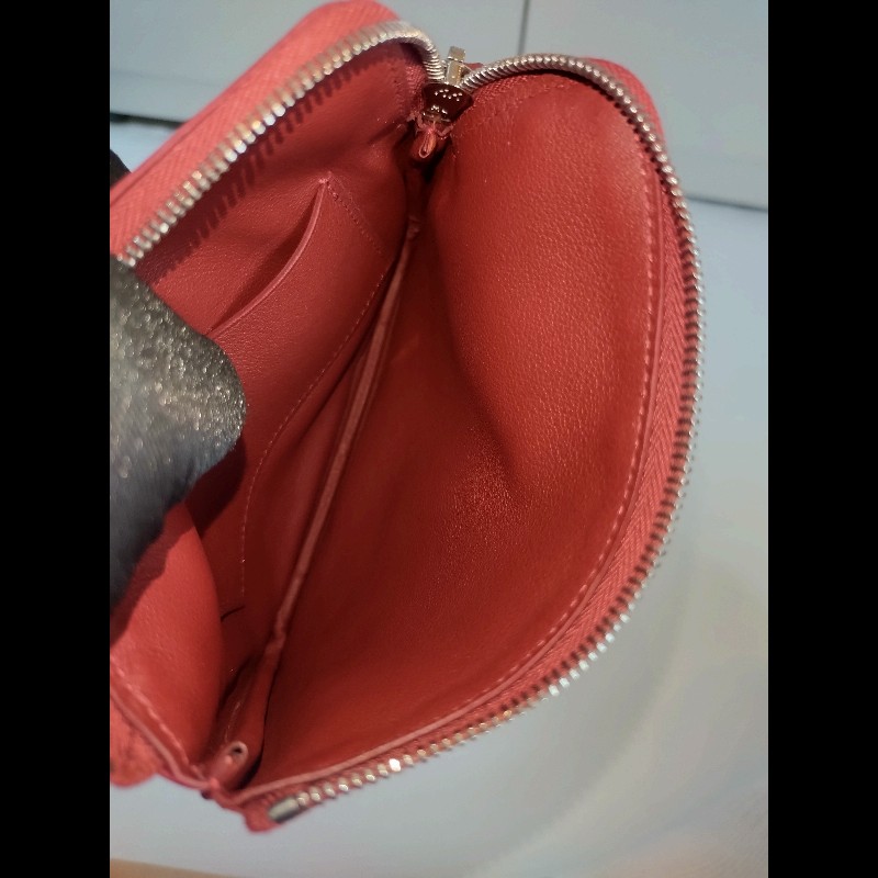 Hermes 駝黃底白馬/粉底白線皮革拉鍊小方零錢包-13