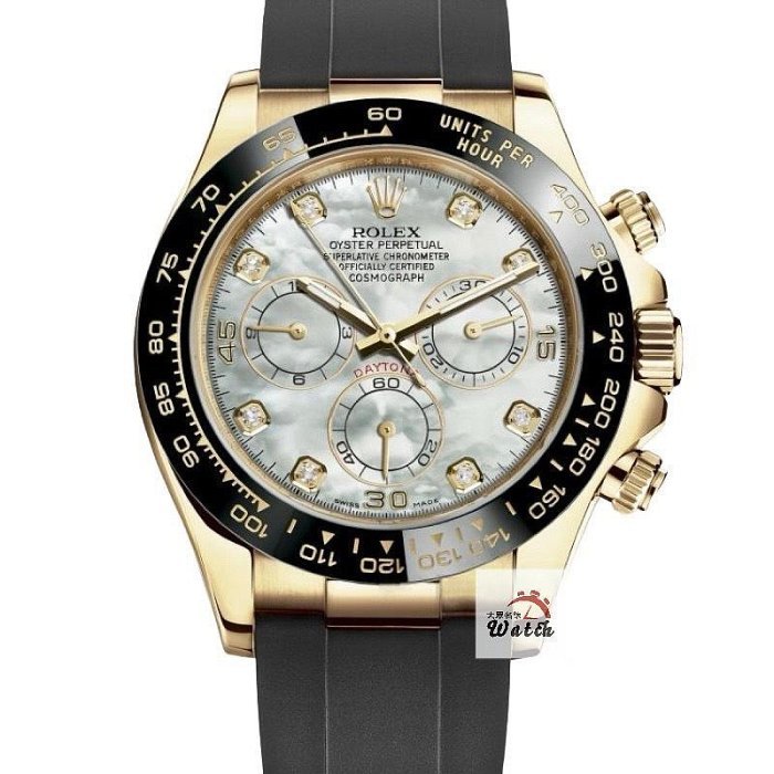 【大眾名錶】ROLEX 勞力士 116518LN Daytona迪通拿 白貝八鑽面盤 膠帶款 18K黃金 2018/11 黑陶瓷圈 B1205-0