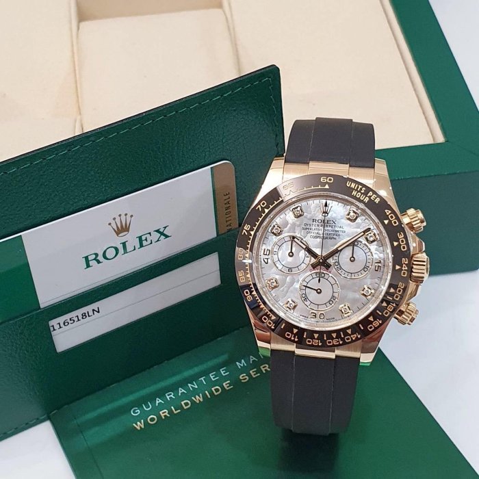 【大眾名錶】ROLEX 勞力士 116518LN Daytona迪通拿 白貝八鑽面盤 膠帶款 18K黃金 2018/11 黑陶瓷圈 B1205-1