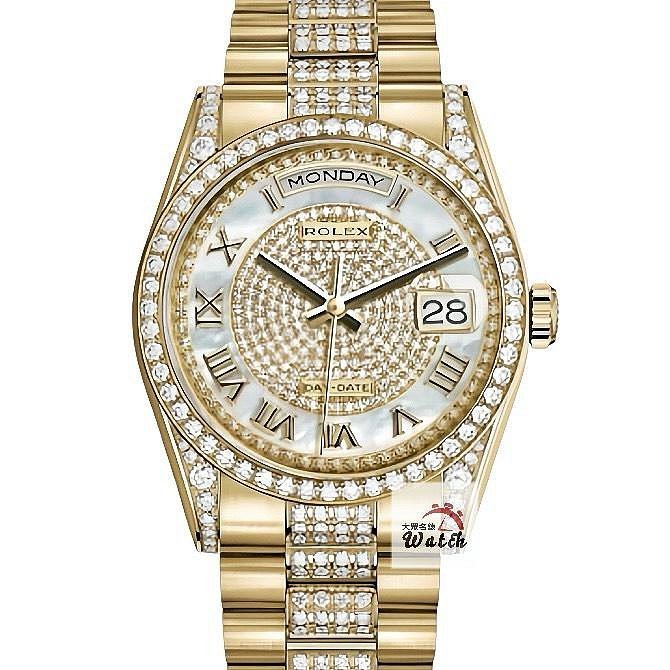 【大眾名錶】ROLEX 勞力士 118388 Day-Date 2020/03卡 頂奢錶款 原廠鑽帶/鑽圈/鑽腳 滿天星貝殼羅馬面盤 錶徑36mm B1222-0
