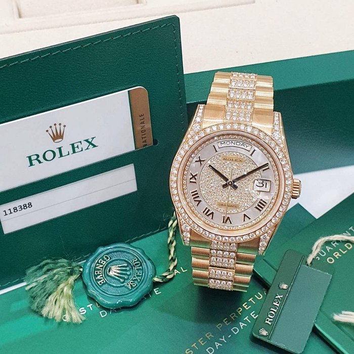 【大眾名錶】ROLEX 勞力士 118388 Day-Date 2020/03卡 頂奢錶款 原廠鑽帶/鑽圈/鑽腳 滿天星貝殼羅馬面盤 錶徑36mm B1222-1
