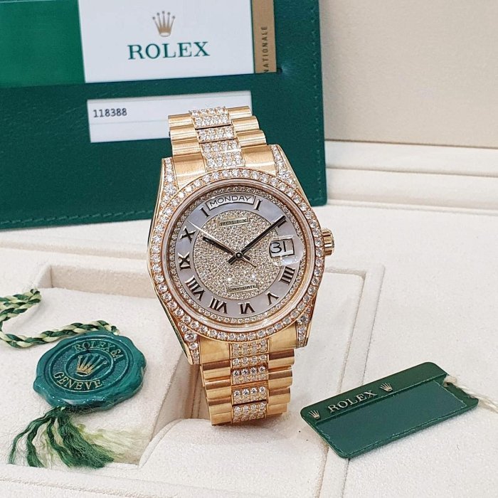 【大眾名錶】ROLEX 勞力士 118388 Day-Date 2020/03卡 頂奢錶款 原廠鑽帶/鑽圈/鑽腳 滿天星貝殼羅馬面盤 錶徑36mm B1222-3