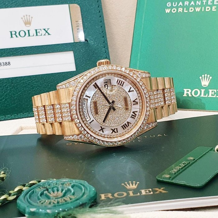 【大眾名錶】ROLEX 勞力士 118388 Day-Date 2020/03卡 頂奢錶款 原廠鑽帶/鑽圈/鑽腳 滿天星貝殼羅馬面盤 錶徑36mm B1222-4
