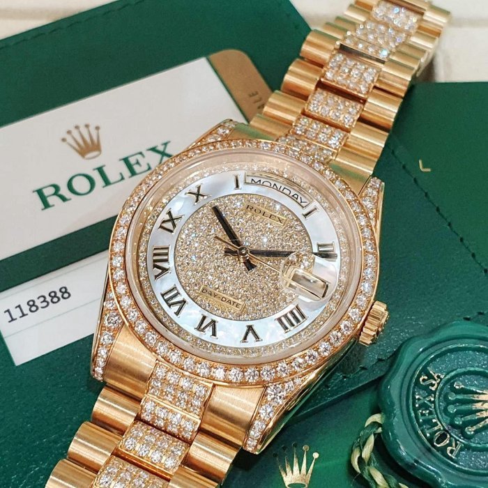 【大眾名錶】ROLEX 勞力士 118388 Day-Date 2020/03卡 頂奢錶款 原廠鑽帶/鑽圈/鑽腳 滿天星貝殼羅馬面盤 錶徑36mm B1222-8