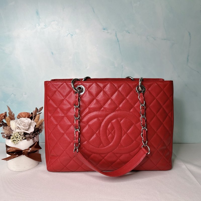 CHANEL GST紅銀荔枝肩背托特包-0