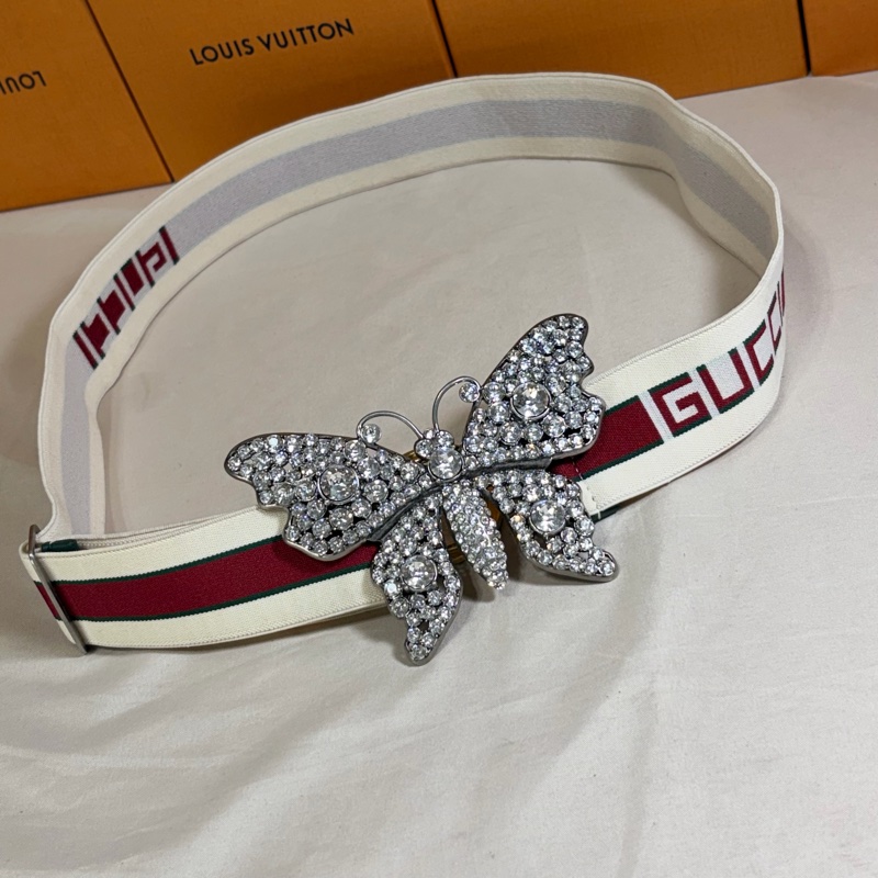 🦋近新閒置 Gucci 古馳 logo蝴蝶滿鑽彈性皮帶 腰帶-0