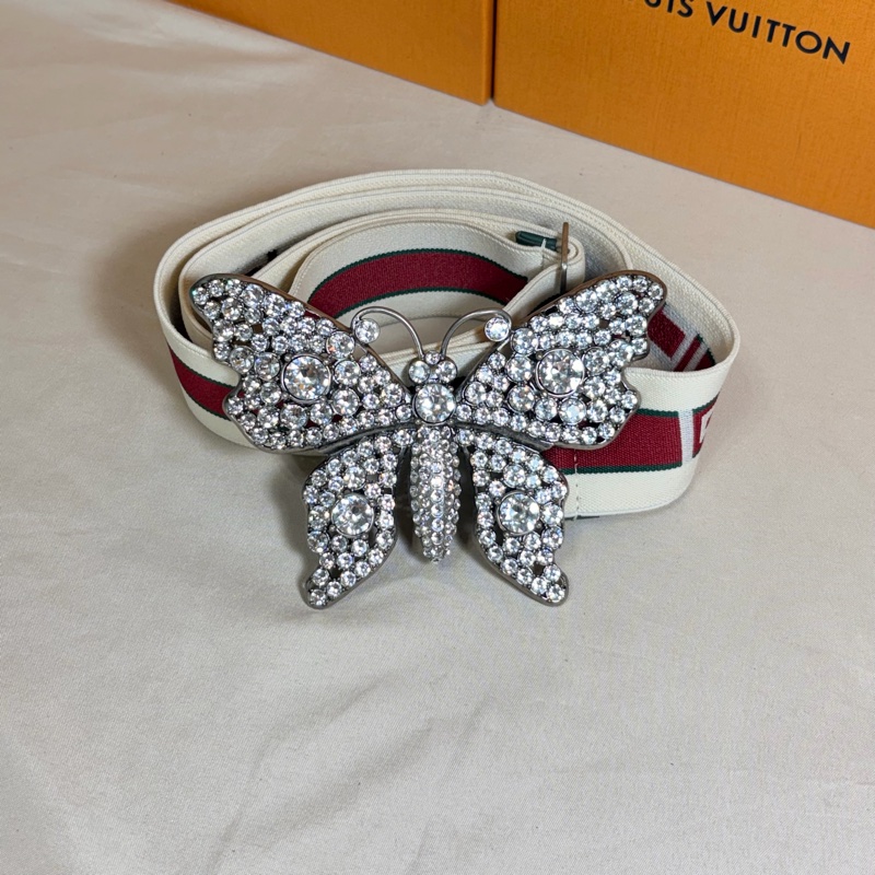 🦋近新閒置 Gucci 古馳 logo蝴蝶滿鑽彈性皮帶 腰帶-1