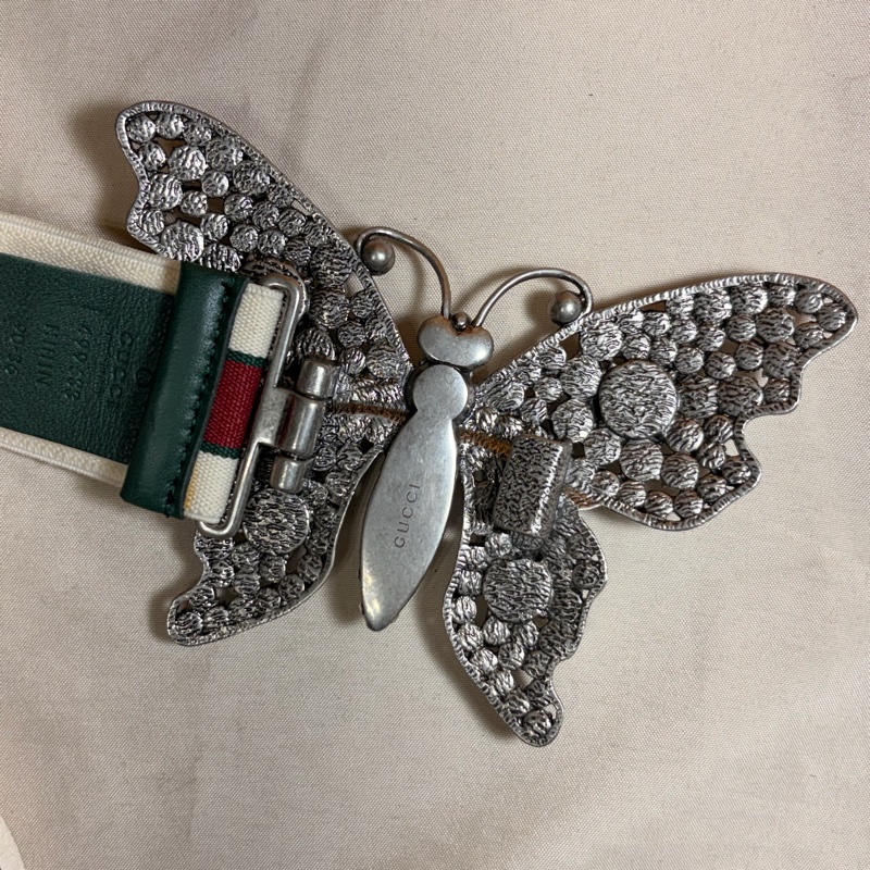 🦋近新閒置 Gucci 古馳 logo蝴蝶滿鑽彈性皮帶 腰帶-2