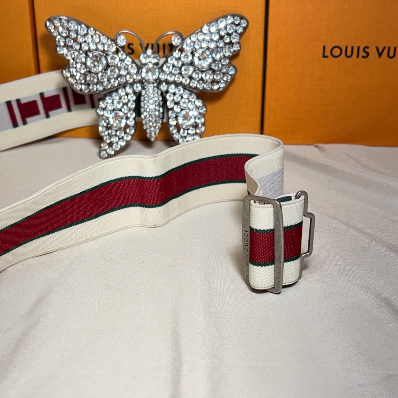 🦋近新閒置 Gucci 古馳 logo蝴蝶滿鑽彈性皮帶 腰帶-9