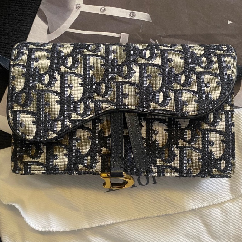 Dior迪奧 藍色老花馬鞍腰包 17底長 19年 有卡有塵袋-0