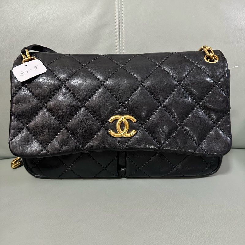 Chanel~香奈兒黑金牛皮雙口袋CF 竹節鏈 復古又時尚,成色不錯-0
