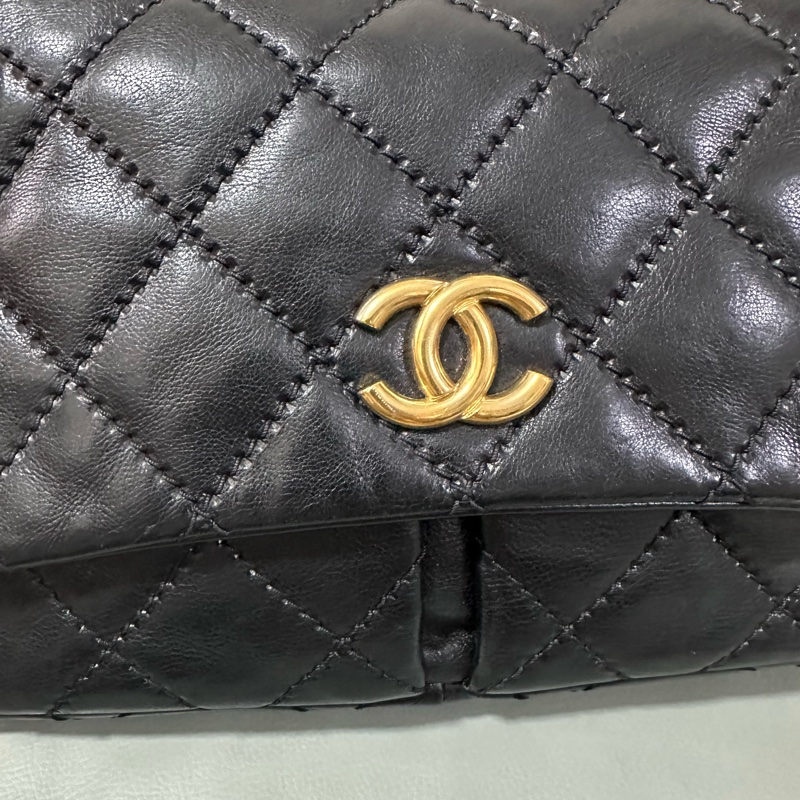 Chanel~香奈兒黑金牛皮雙口袋CF 竹節鏈 復古又時尚,成色不錯-8
