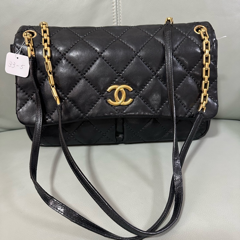 Chanel~香奈兒黑金牛皮雙口袋CF 竹節鏈 復古又時尚,成色不錯-10