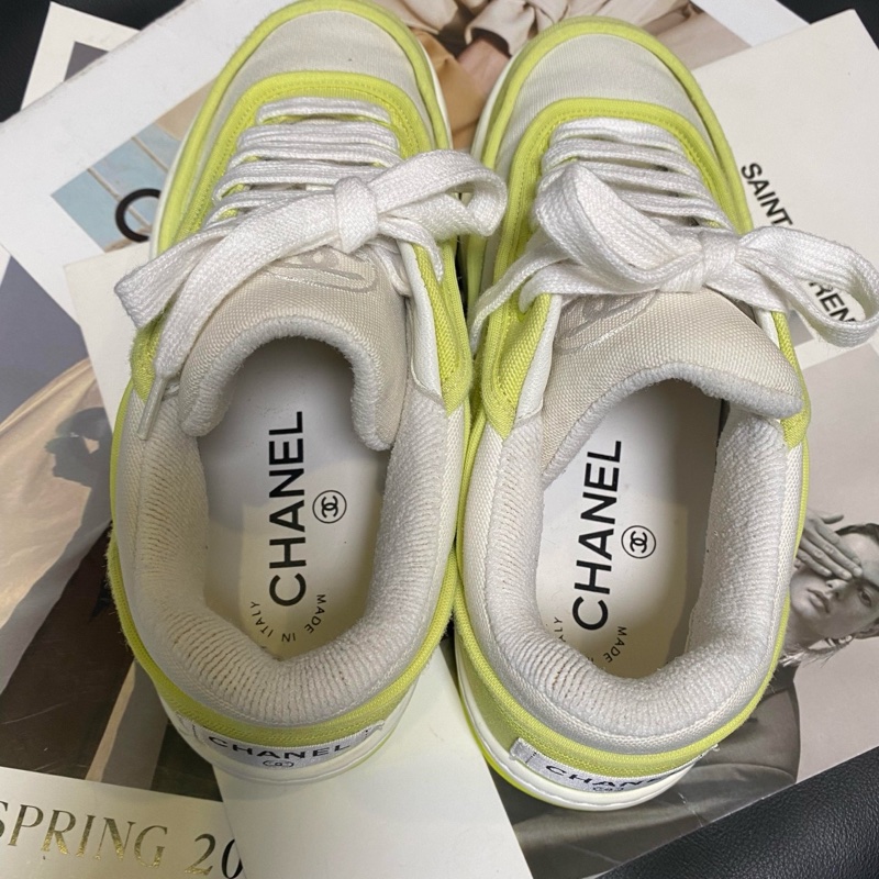 Chanel香奈兒 黃白拼色帆布休閒板鞋 36.5碼 🈚附件-3