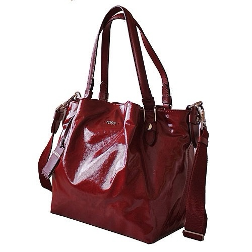 TOD’S FLOWER系列金屬LOGO牛皮飾邊亮漆皮帆布磁釦三層兩用包(中-紫紅)-2